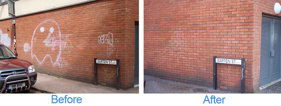 Before and after graffiti cleaning images on a red brick wall