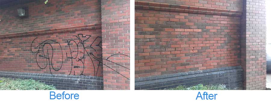 Before and after photos of graffiti cleaning service on a brick exterior wall