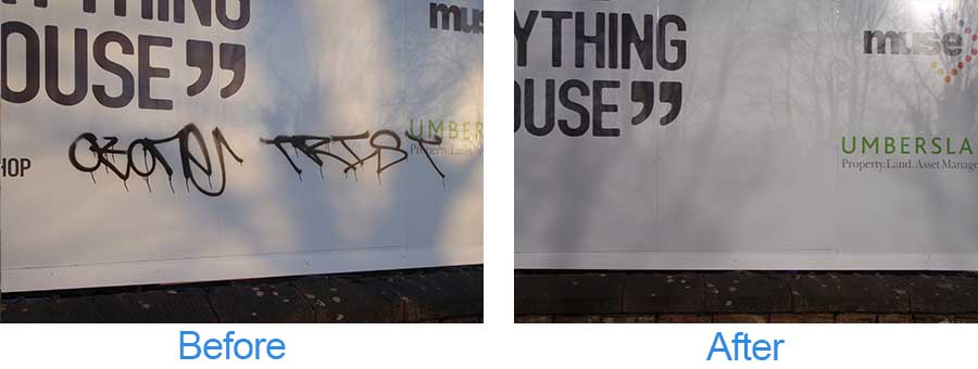 before and after phots of graffiti being cleaned off a banner sign
